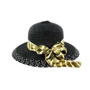 Faddism Stylish Women Summer Straw Hat Black Design with Brown Leopard 