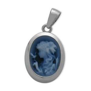  14 Karat White Gold Blue Agate Cameo Pendant with 16 