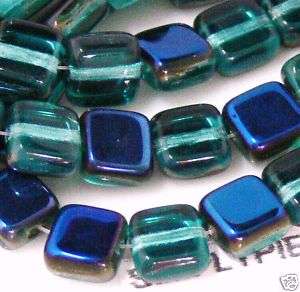 6mm Flat Square TEAL BLUE IRIS Czech Glass Beads 50x  