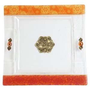    Glass Matzah Plate with Flowers in Red and Orange 