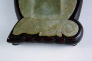 ANTIQUE CHINESE JADE SMALL DESK DRESSER TRAY DISH W/ CARVED TEAK STAND 