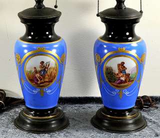 Pair Antique Blue Paris Porcelain Vase Lamps Harvest  