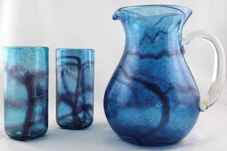   Murano Italian Art Glass Blue / Purple Pitcher w/Matching Glasses