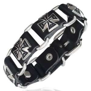   Leather Double Maltese Cross Stud Belt Buckle Unisex Bracelet Jewelry
