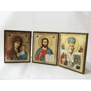  JESUS VIRGIN MARY St. NICHOLAS Folding Orthodox Icon (Wood 