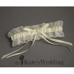 Wedding Garter Sheer Lace Ivory Satin with Ribbon and Pearl Accents 