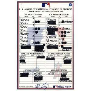  Angels vs. Dodgers 5 20 2005 Game Used Lineup Card (Jim 