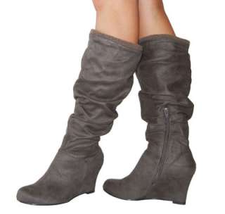   Slouchy Shearing Cuff Suede Knee High Wedge Boots Cement AllSz  