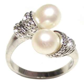 Genuine AAA 6 7MM Double White Pearl 925 Silver Ring  