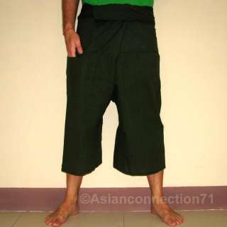 Thai Fisherman Capri SHORTS Pants Yoga Trousers FREESIZE Dark Green 