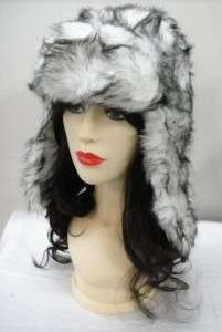 White Black 2tone Faux Fur Winter Bomber Hat NEW  