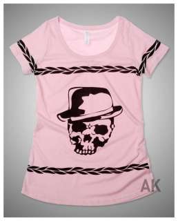 New Womens Chic Skull Boxy Tunic Tshirt Pink size S   M  