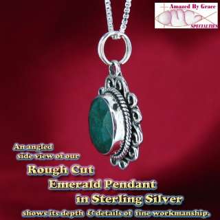 Sterling Silver Genuine Rough Cut Emerald Scroll Pendant/Necklace 
