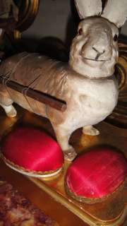   BUNNY RABBIT w CART EGG CANDY CONTAINER PAPER MACHE c1910  