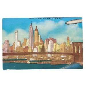  Postcard Air View Brooklyn Bridge and Blimp NYC 