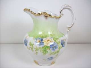 Vintage Chic Hand Painted Porcelain Pitcher Shabby Blue and Green Gold 