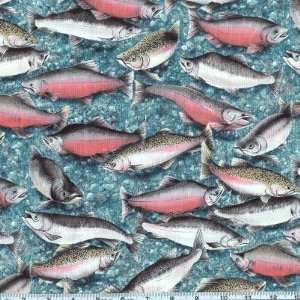   Freshwater Fish Dusty Blue Fabric By The Yard Arts, Crafts & Sewing