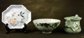 pc Lot of Chinese Celadon Porcelain Bowl Creamer Plate Floral Design 