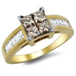   30ct Brown Princess Cut Quad Diamond Engagement Ring 14k Gold Jewelry