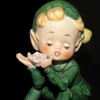 Vintage Lefton Porcelain Bisque Elf Figurine w Flower  