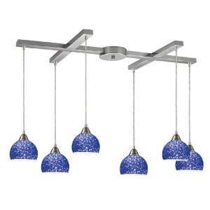 CIRA 6 LIGHT PENDANT IN SATIN NICKEL AND PEBBLED BLUE GLASS W33 H6 