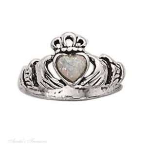   Silver Small Claddagh Ring White Imitation Opal Heart Size 7 Jewelry