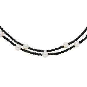 Double Strand Black Spinel and Pearl Necklace with Sterling Silver 