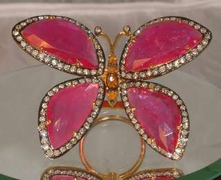 HUGE FABULOUS 18 CARAT GOLD RUBY DIAMOND MOVING BUTTERFLY RING 