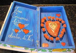Moises Rodriguez Mexican Art Wooden Box w Clay Heart  