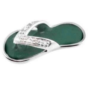 Sterling Silver Simulated Diamond CZ and Green Enamel Flip Flop Sandal 