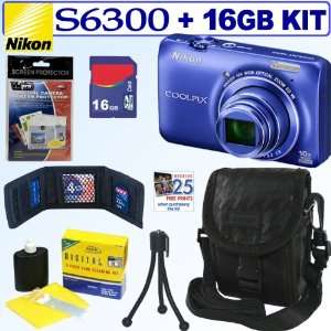 Nikon COOLPIX S6300 16 MP Digital Camera (Blue) + 16GB Accessory Kit 