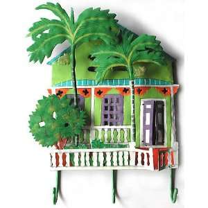  Painted Metal House w/ Palm Trees Wall Hook   Tropical 
