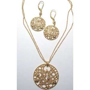 14K Gold Plated Vermeil Set of Lace Circle Medallion Necklace With CZ 