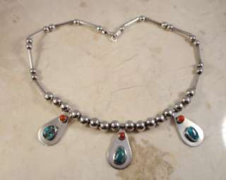 Sterling Silver 925 Vintage Coral & Turquoise Necklace 20 WOW 