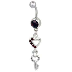  Red Crystal Heart Key Dangle January Gem Belly Button Ring 