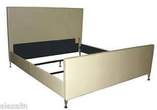 Modern King Size Leather Bed in Bone with Chrome Legs  