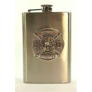   Steel 8 oz Hip Flask with Firefighter Logo in Pewter