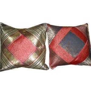 Golden Red Vintage Silk Sari Zari Borders Toss Pillow Cushion Covers 