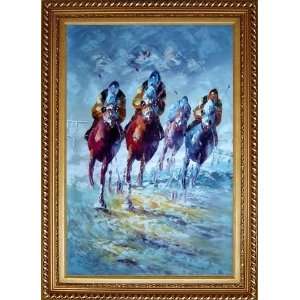 Horse Racing Galloping Oil Painting, with Exquisite Dark Gold Wood 