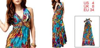 Multi Color Peacock Feather Prints Halter Dress for Woman S  
