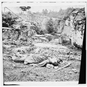 Gettysburg,Pennsylvania. Dead Confederate sharpshooter  