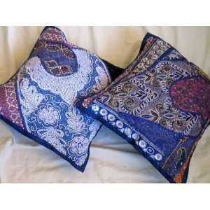   BLUE BEADED INDIA DECORATIVE ACCENT BED THROW PILLOWS