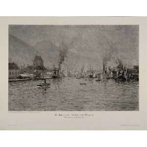  1912 Port Harbor Bergen Ships A. Normann Engraving 