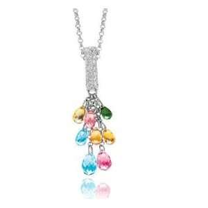   14k Diamond Pave Pear Rainbow Gemstones Drop Pendant Necklace Jewelry