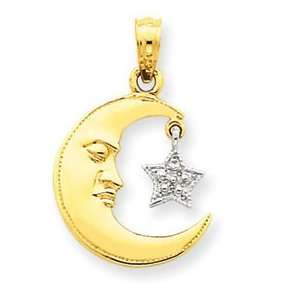  14k Two tone Gold Polished Open Backed Half Moon & Star 