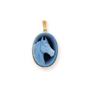  14k Yellow Gold Horse Head Agate Cameo Pendant Jewelry