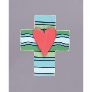  Blue and Green Striped Wooden Cross with Red Heart
