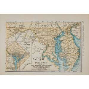  1891 Print Map Maryland Delaware State Washington DC 