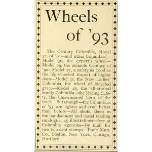  1893 Ad Wheels of 93 Century Columbia Tire Bicycle Model 