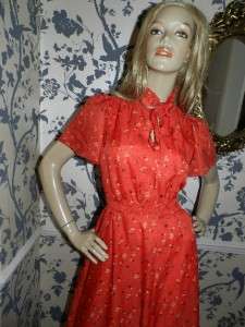 VINTAGE 70s RED DITSY FLORAL PRINT MAXI FLUTTER DRESS 8  